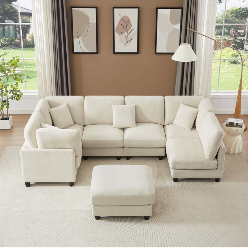 Canapé modulaire rembourré 7 pièces Warenne, Tissu beige
