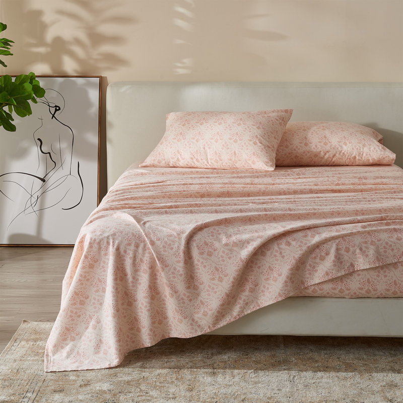 Ensemble de draps 100% coton, Ensemble de draps pour très grand lit + un drap-h, Floral - rose