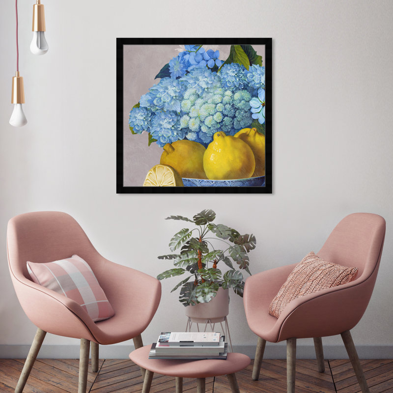 Hydrangeas and Lemons Day - impression encadrée, Cadre noir, H 26 po x l 26 po