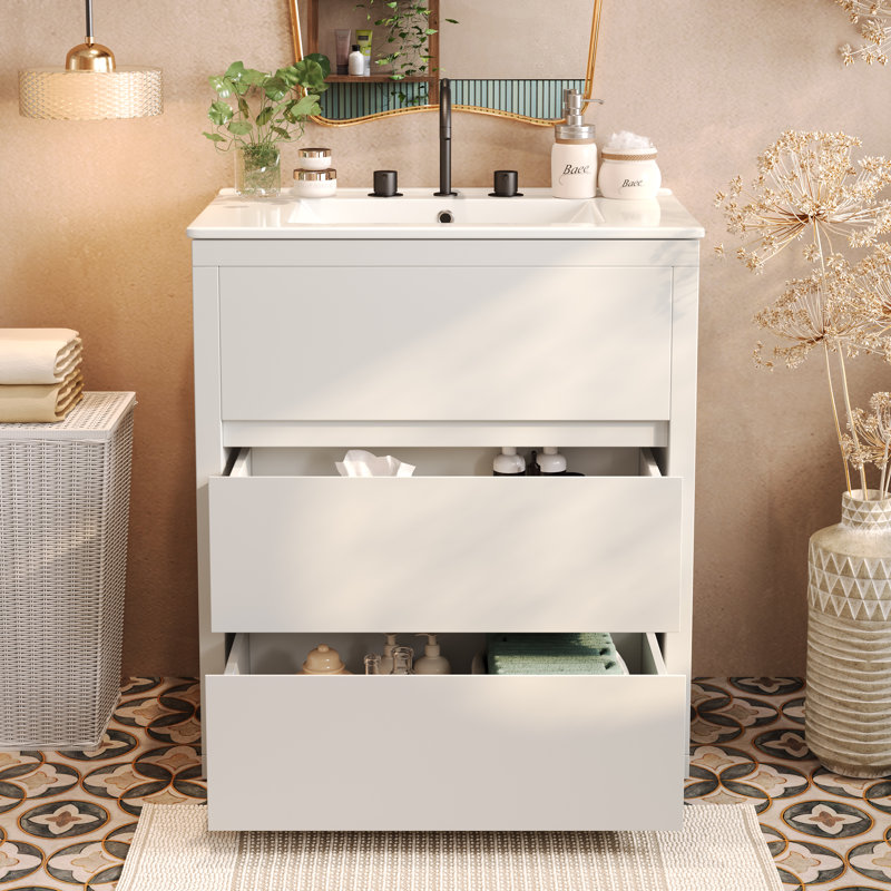 30" Bathroom Vanity With Ceramic Sink And 2 Full-Extension Drawers, Freestanding Bathroom Vanity, White