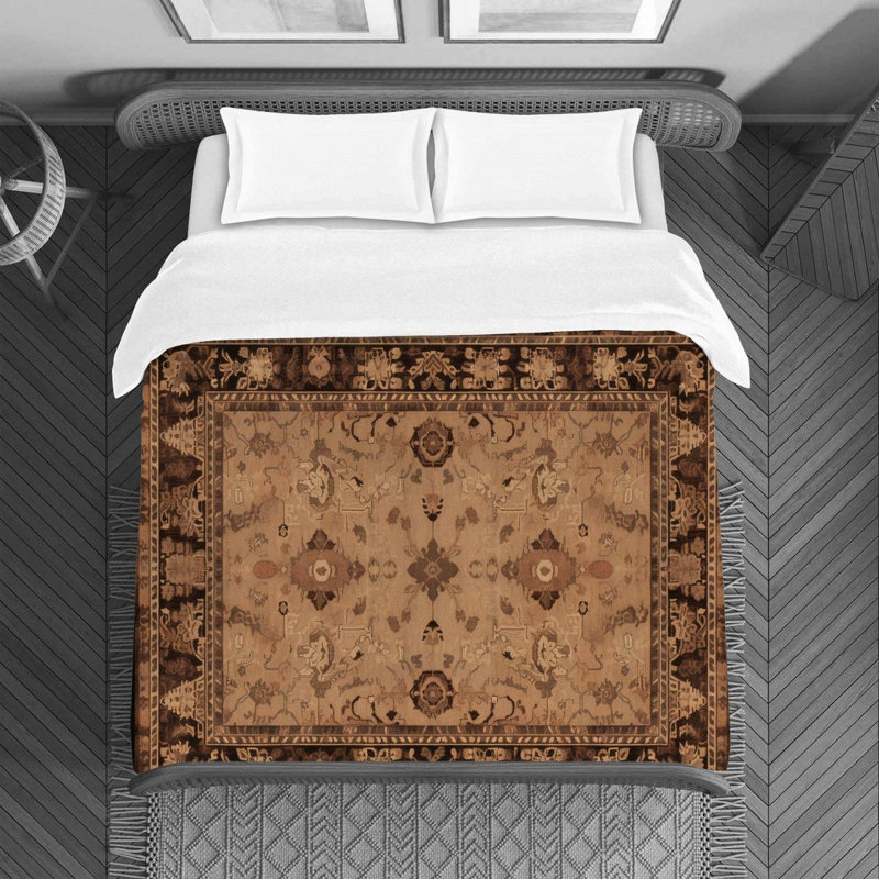 Machine Printed Duvet Cover, Twin Duvet Cover, Brown/Beige Oushak