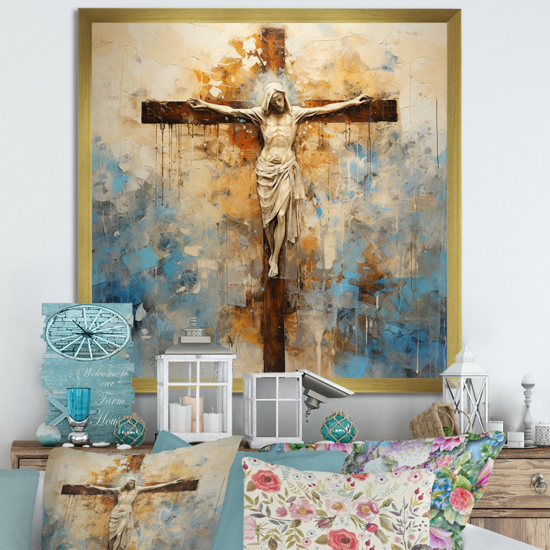 Minimalisme, croix religieuse de Jésus sur toile, H 16 po x l 16 po x P 1 po, Cadre doré simple