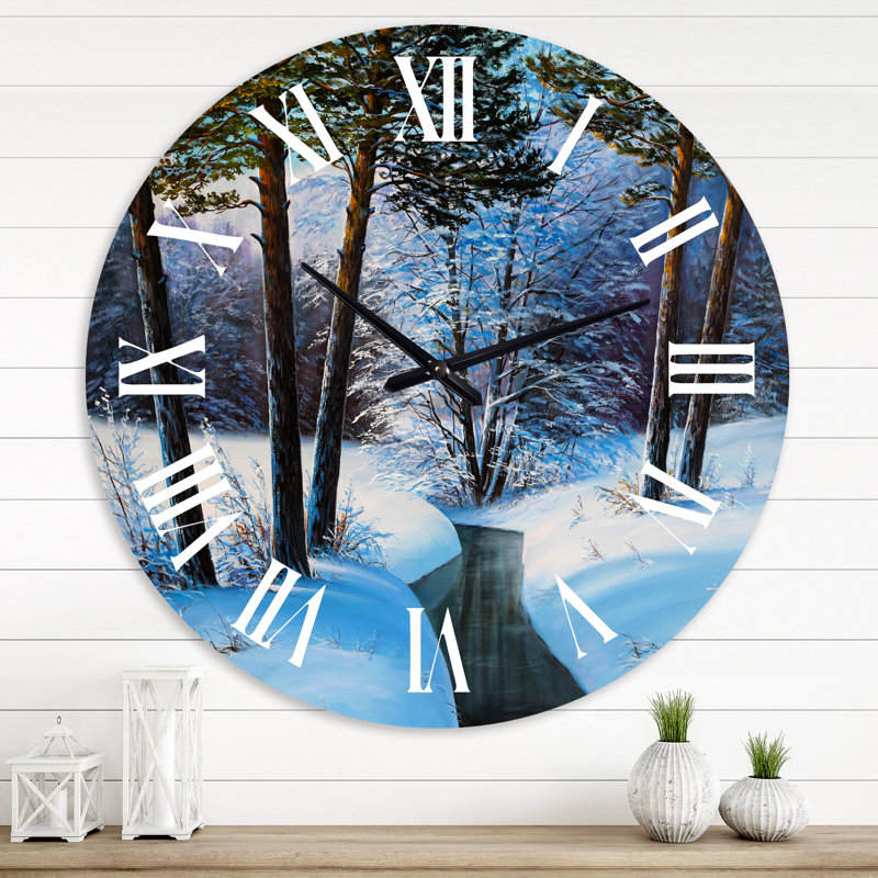 Forêt de Noël avec rivière et arbres III - Horloge murale traditionnelle, Grand