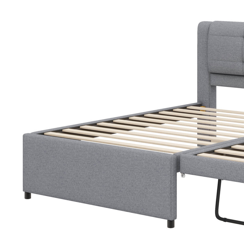 Lit plateforme simple tapissier avec lit gigogne, canapé-lit enveloppé de lin, soutenu par des lattes en bois