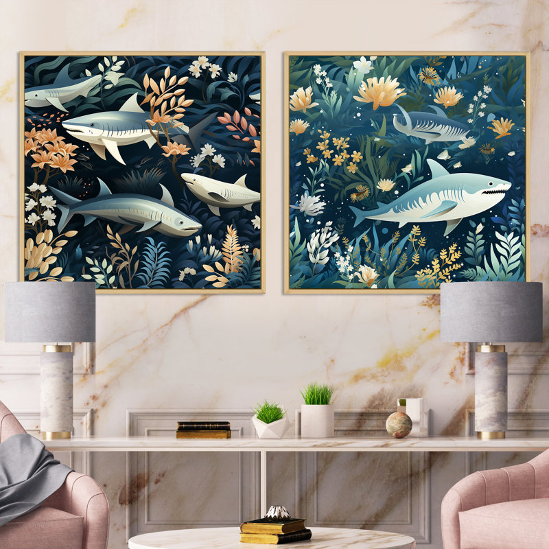 Blue And White Shark Shadows - Animals Shark Square Collage Set Of 2, 16" H x 33" W, Brown Floater Framed