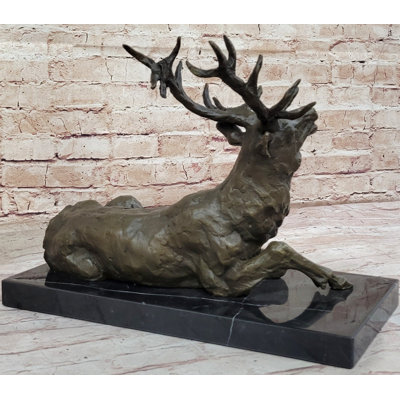 Johneka Stag Buck Elk Deer Laying Down - Bronze Wildlife Sculpture by Milo on Marble Base