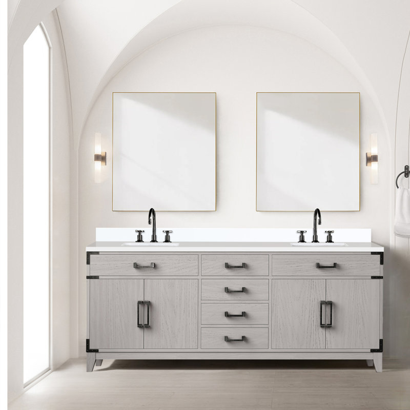 Meuble-lavabo double en chêne blanc 80 po X P 22 po D, plateau en marbre de culture et robinet