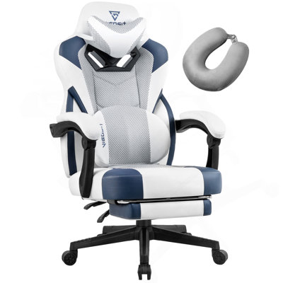 Chaise de jeu PRO, chaises de jeu ergonomiques pour adultes, fauteuil de bureau inclinable avec repose-pieds et support lombaire, grand fauteuil de jeu en filet avec coussin (blanc et bleu)