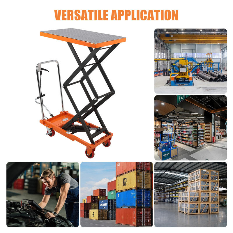 Table élévatrice à ciseaux manuelle, capacité de 330 lb, hauteur réglable 50 po, plateforme antidérapante, chariot mobile avec 4 roues verrouillables - orange