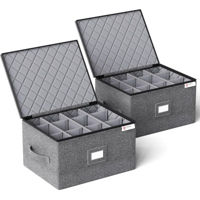 2 Pack Wine Glass Storage Box with Dividers,Stemware Storage Cases with Sturdy Handle and Hard Shell for Glassware Crystal Storage,Transport and Moving,Holds 12,Grey
