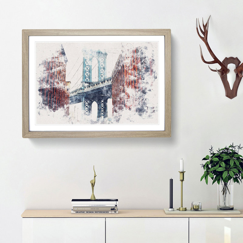 George Washington Bridge - Picture Frame Painting Print, 45cm H x 63cm W x 2cm D, Oak Framed