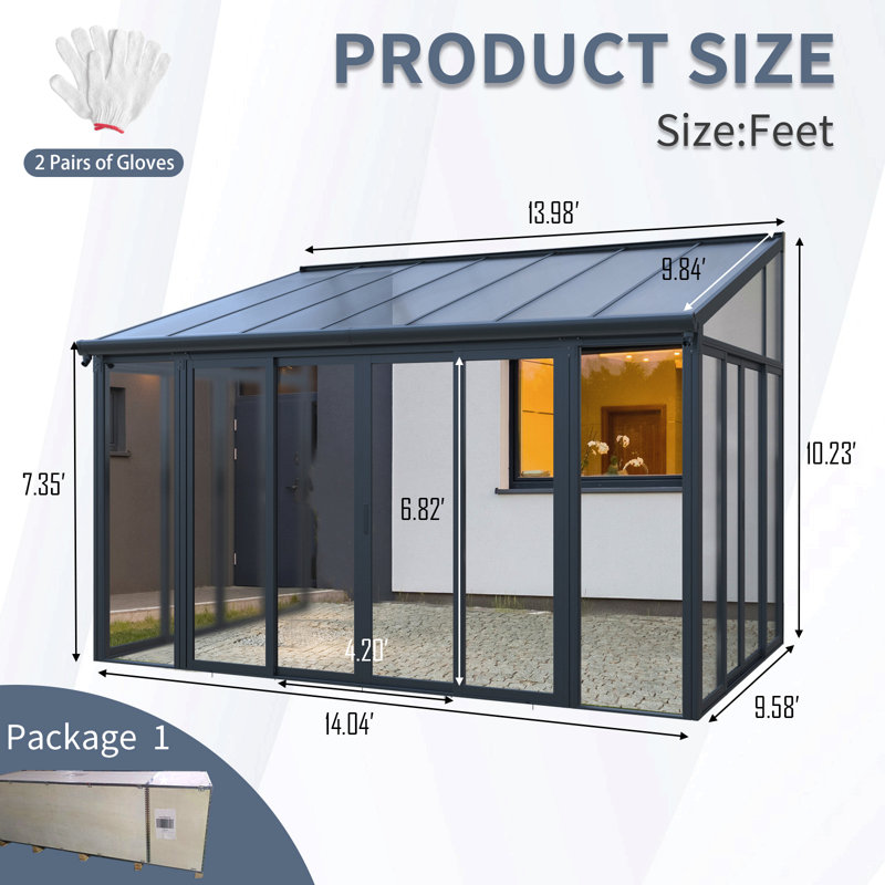 10×14 Ft Enclosed Patio Cover With 3 Lockable Sliding Doors, All Season Sunroom With Aluminum Alloy Frame ,Polycarbonate Roof And Transparent Solid Pc Endurance Panel Wall System For Garden Patio Deck