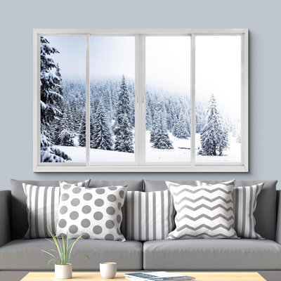 Fenêtre de paysage «Window View Winter Wonderland Snowy Pine Tree Forest Nature Scenic Landscape» sur