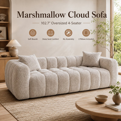 Lambswool Modern Cream Boucle Sofas for Living Room,102.7" W,Oversized 3 Seater with 2 Pillows,Deep Seat Couch,Cloud Sofas for Living Room,Office,Apartment,Bedroom