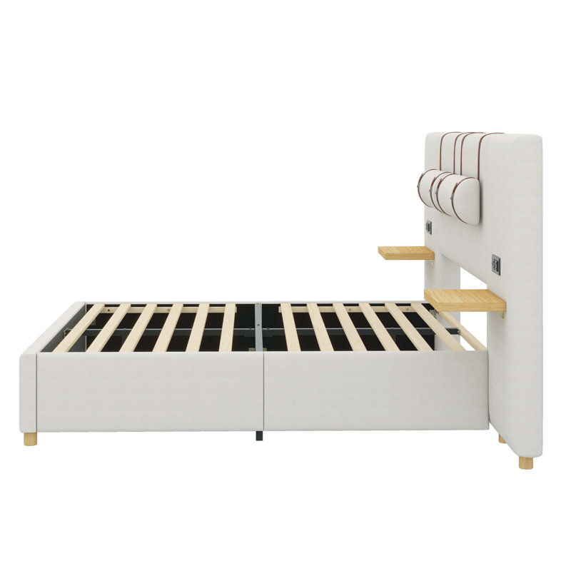 Grand lit plateforme tapissier avec deux prises et ports USB de chaque côté, Beige