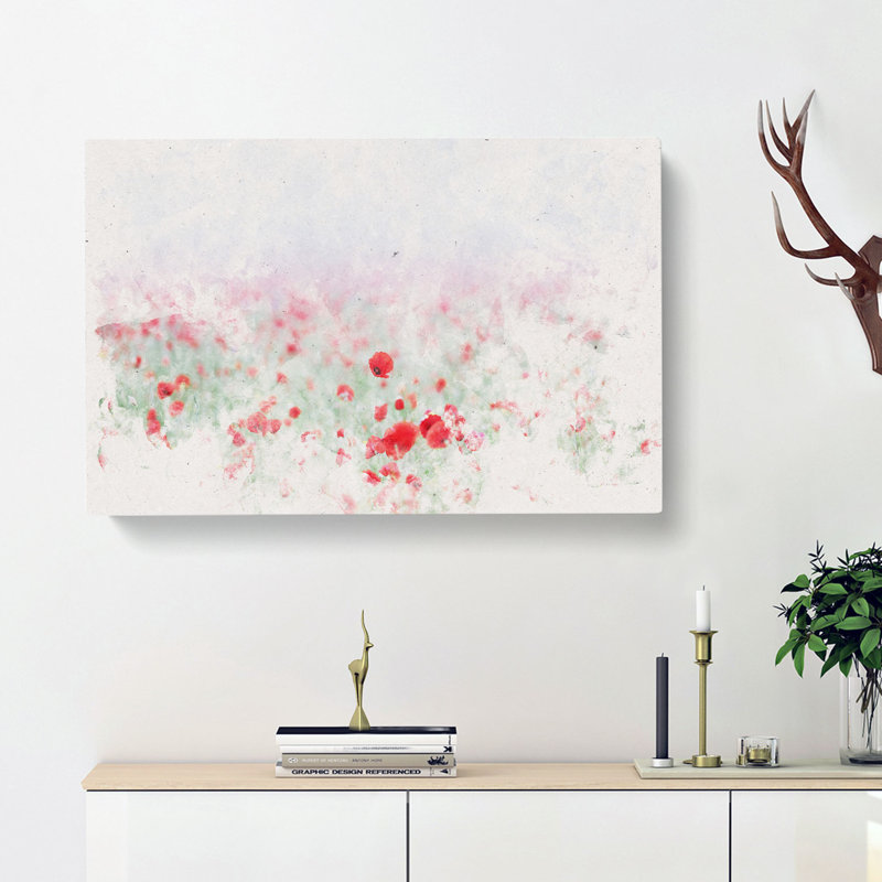 Red Poppy Field in Italy Watercolour - Wrapped Canvas, 35cm H x 50cm W x 3cm D