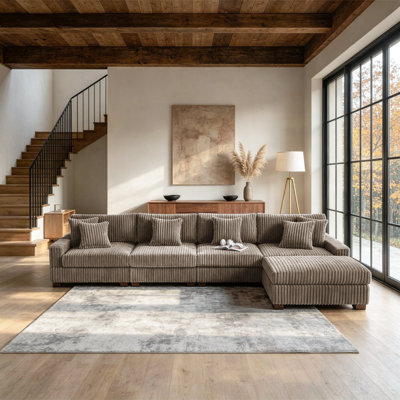 5 - Piece Upholstered Light Brown Faux Rabbit Fur Flannel Modular Sectional Sofa with Throw Pillows & Removable Ottomans
