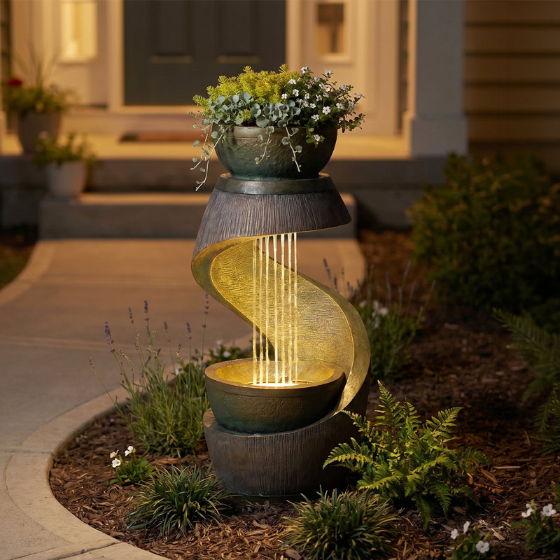 Outdoor Water Fountain Garden Hand Crafted Weather Resistant Floor Fountain with Light