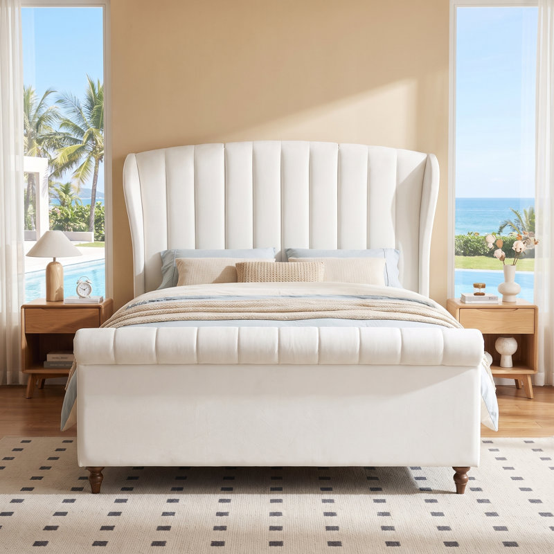 Lit capitonné arqué Modern, grand, velours crème, Grand lit, Crème
