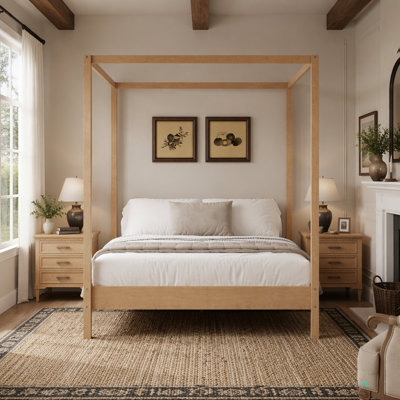 Solid Wood King Size Canopy Bed Frame Four Poster Platform Bed with Slats Support, No Box Spring Needed