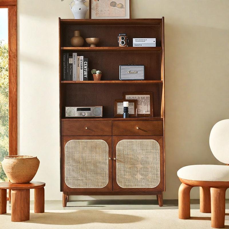 Modern Versatile Rattan Solid Wood Bookcase