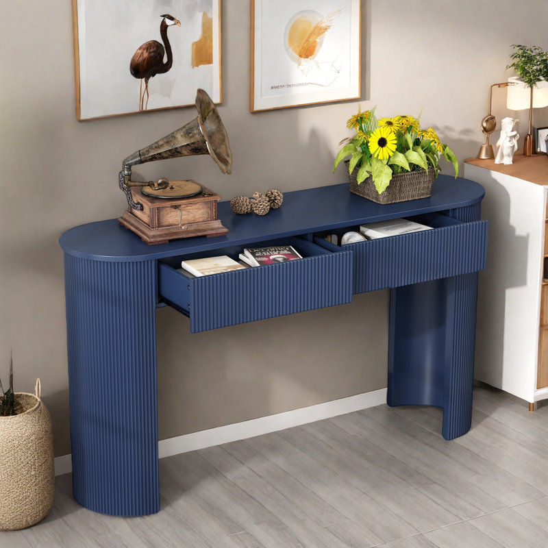 Modern Console Table With Oval Top, 2 Drawers And Fluted Design, Navy