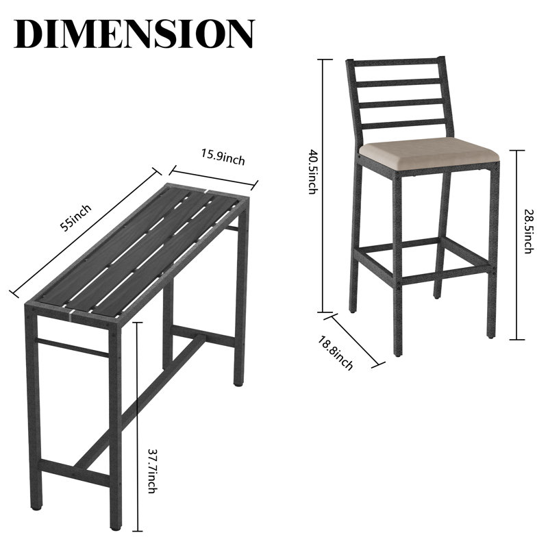 55" Pub Height High Top Bar Table With 2 Cushioned Bar Stools