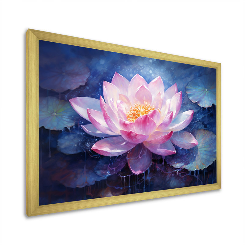 Lotus luminescence sur toile, Cadre doré simple, H 24 po x l 32 po x P 1 po