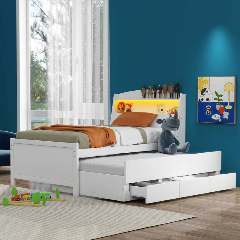 Lit plateforme simple avec tête de lit à DEL avec rangement, lit gigogne simple et 3 tiroirs, blanc