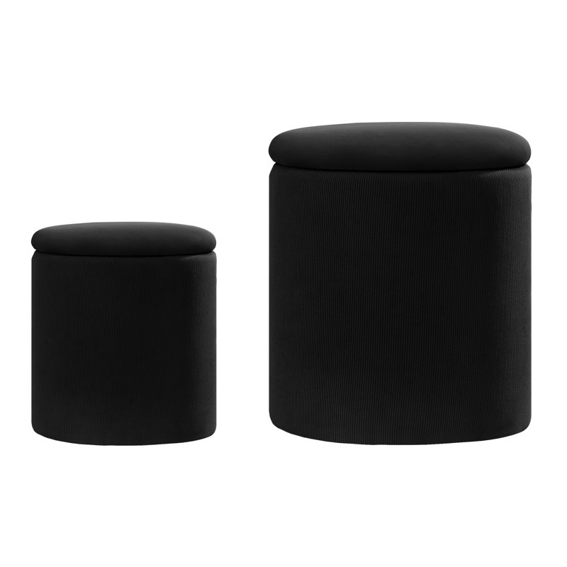 Round Ottoman With Storage Set Of 2, Black Velvet