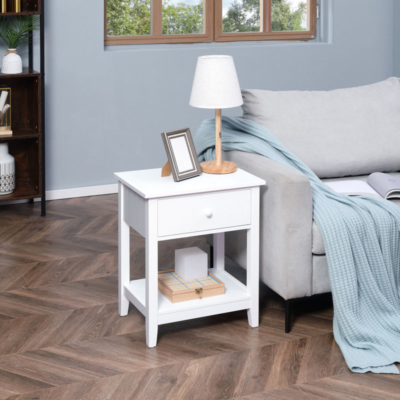 Table de bout à 2 tiroirs, table de bout moderne blanche pour chambre à coucher, hauteur 23,5 po avec tablette, hauteur 23,5 po