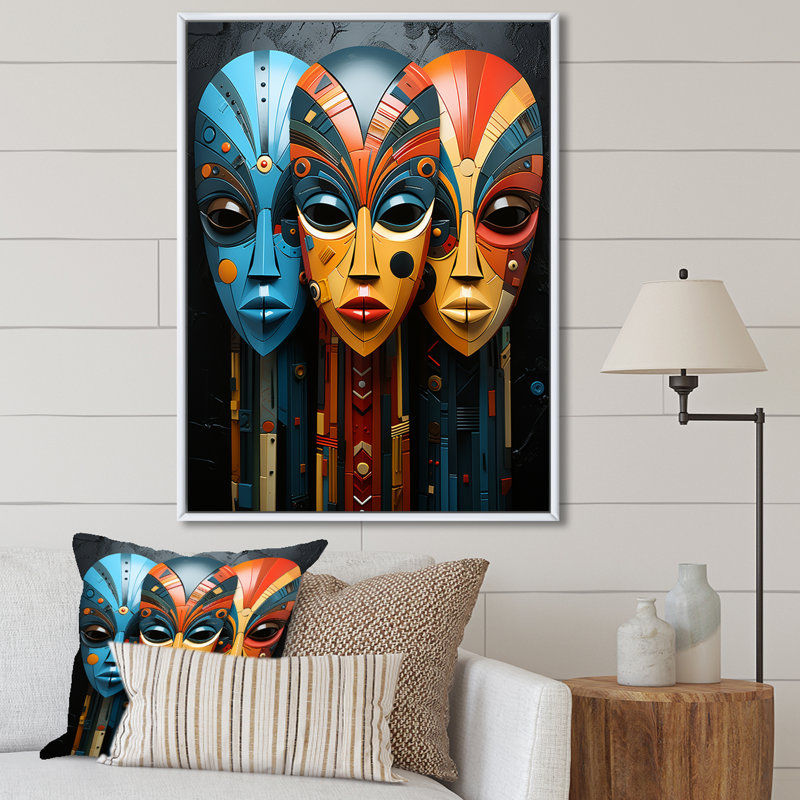 Masques de tribus mystiques d'Afrique sur toile, Cadre flottant blanc, H 40 po x l 30 po x P 1,5 po