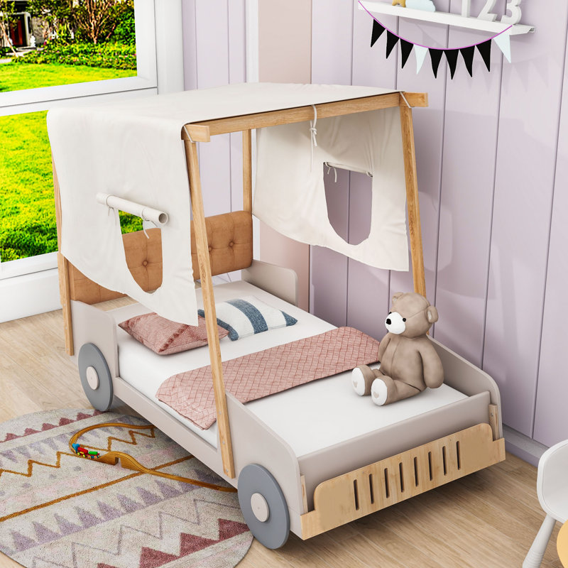 Wooden Car-Shaped Platform Bed with Pillows, Twin