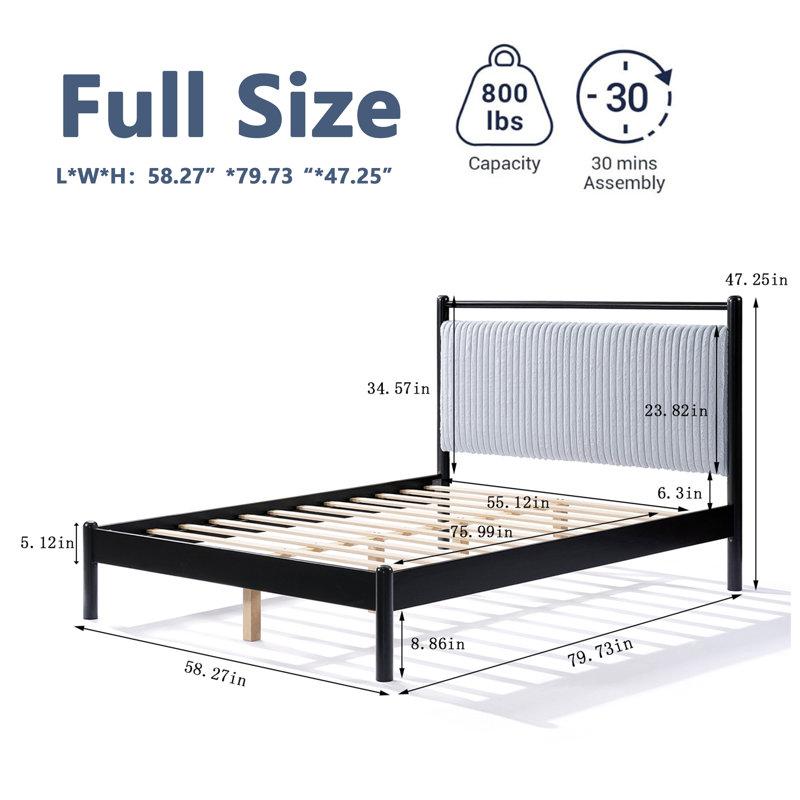 Structure de lit double en bois avec tête de lit moelleuse, cadre gris et noir, Lit double