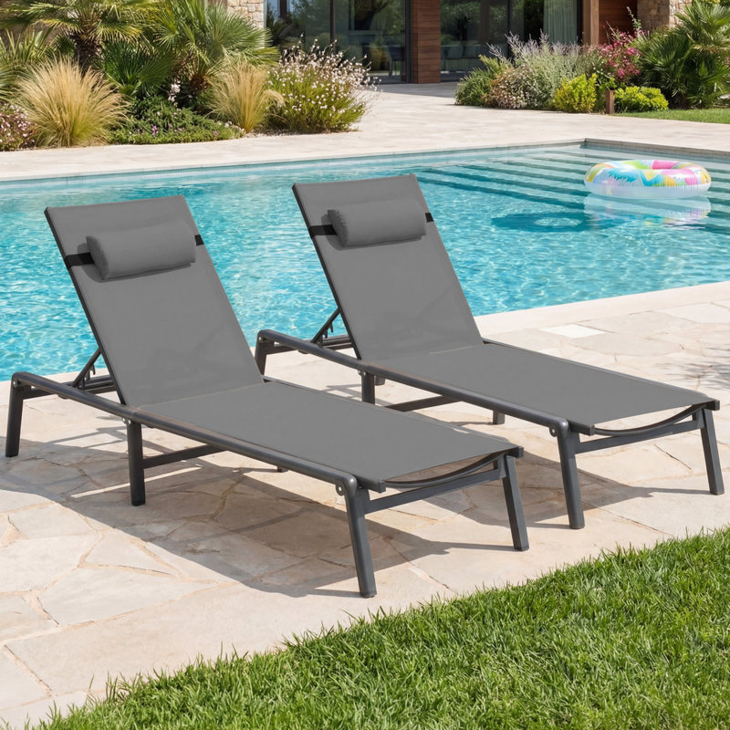 Ajoku 2 PCS Aluminum Fully Assembled Outdoor Chaise Lounge With 5 Position Adjustable Backrest and Pillow, Gray