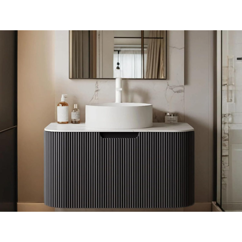 Meuble-lavabo flottant 30 po avec lavabo et lavabo en céramique ultra-mince, pré-assemblé, noir brillant