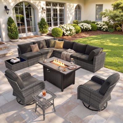 8-Person 11-Piece Modular Gray PE Wicker Outdoor Patio Sectional Conversation Set with Swivel Chairs, Rectangular Propane Fire Pit Table, Side Tables &  Water proof Cushions