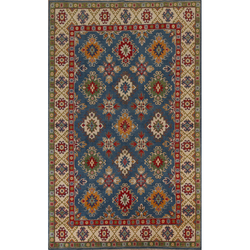 Tapis rouge / bleu / beige en laine noué à la main de conception unique 6 pi 9 po x 9 pi 7 po New Age