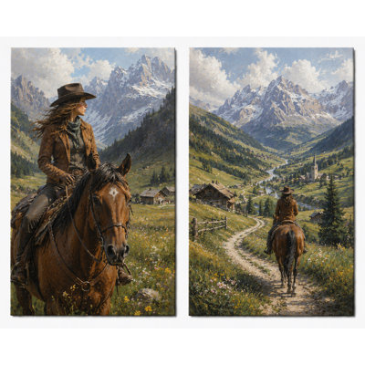 Large Set of 2 Cowgirl Horse Wall Art Canvas Prints,Western Mountain Artwork for Rustic Bedroom Decor 16x24 Inch Canvas Print - Ready to hang