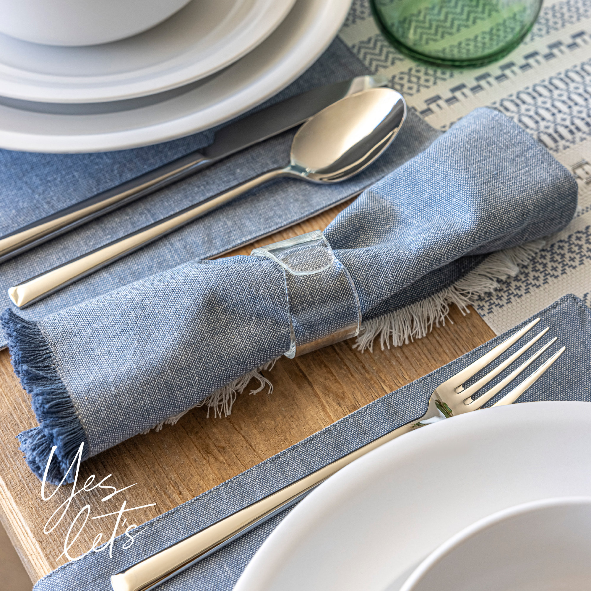 over&back Woven Frayed Chambray Napkins, Set of 4, Blue
