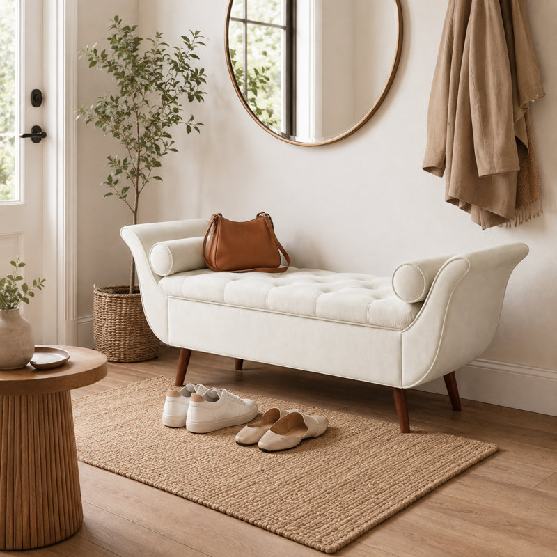 Velvet Upholstered Flip Top and Storage Bench, Beige