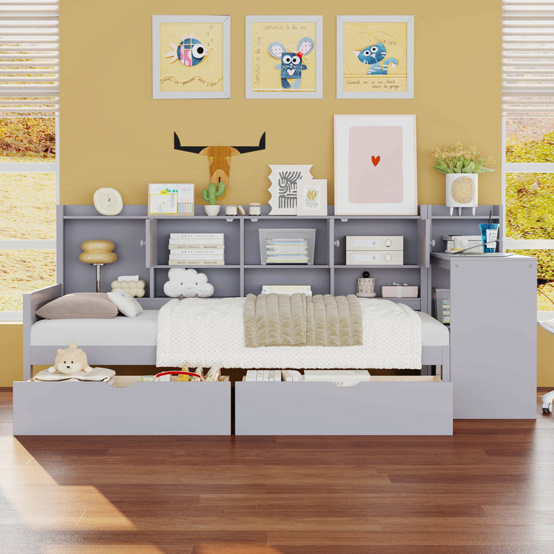 2 Drawers Daybed With Desk And Bookcase, Gray, Twin