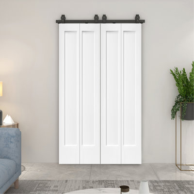 Porte de grange double en panneau de fibres à densité moyenne peinte blanche 60 po x 80 po à 1 panneau avec ensemble de quincaillerie coulissante