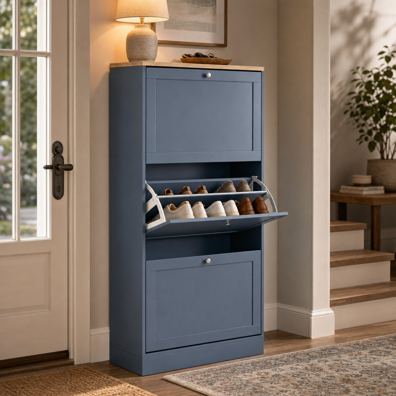 Meuble de rangement à chaussures fonctionnel, armoire à chaussures bleue et chêne avec étagères ajustables, organisateur d'entrée