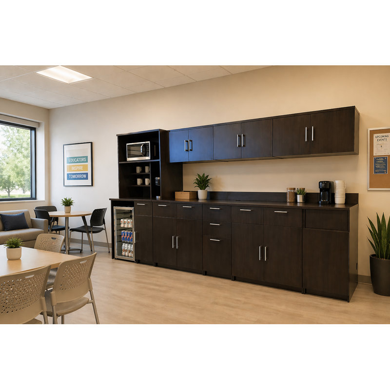 Armoire de salle à manger commerciale Breakroom avec espace réfrigérateur, huche à micro-ondes, bac de rangement et poubelle inclus, l 144 po x P 24 po x H 75 po, appareils non inclus