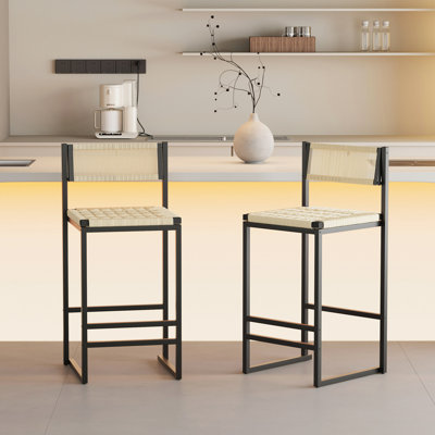 Set Of 2 Woven Bar Stools With Backrest Paper Rope Weave Dining Chairs For Kitchen Island