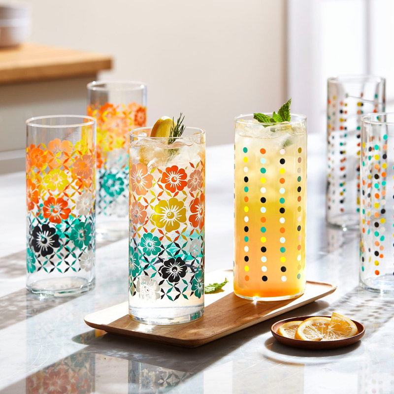 Libbey Retro Floral Design Colorful Glass Set, 16 oz, Set of 4