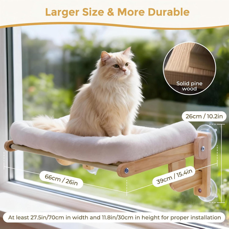 Perchoir de fenêtre pliable pour chat, lit pour chat doux avec structure en bois, L 26 po | Bois massif, ventouse robuste, grand hamac pour chat d'intérieur