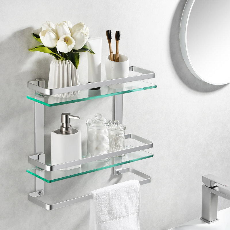 2 Tier 15.7-Inch Bathroom Tempered Glass Shelf  Storage Glass Shelf Rectangular With Bar Aluminum