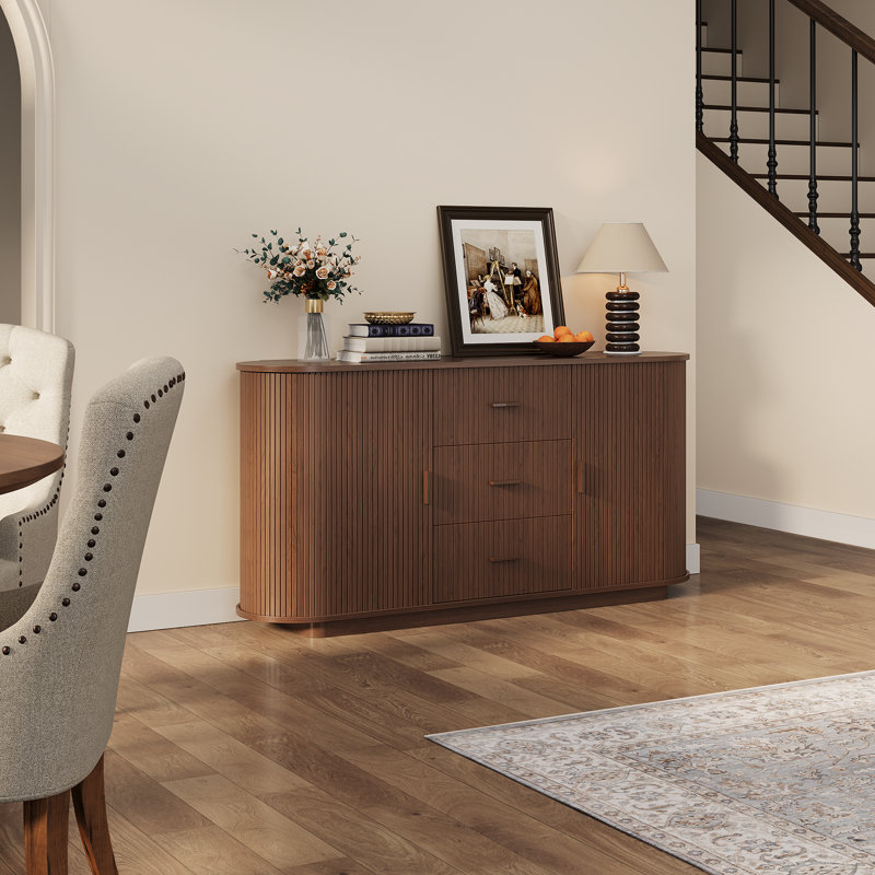 63" Sideboard With Sliding Tambour Door, Buffet Cabinet With 3 Large Drawers & 2 Cabinets For Dining Room, Living Room